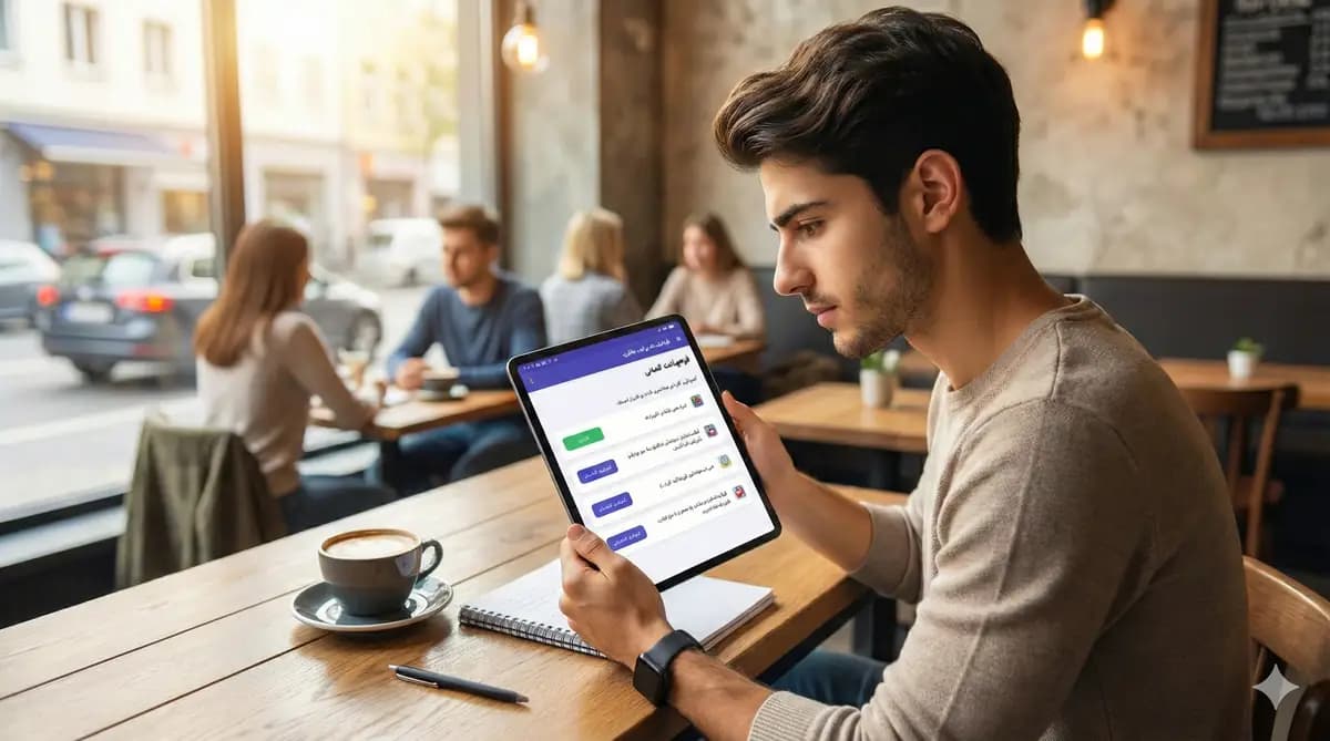 دانشجو در حال مطالعه سوالات گواهینامه به فارسی